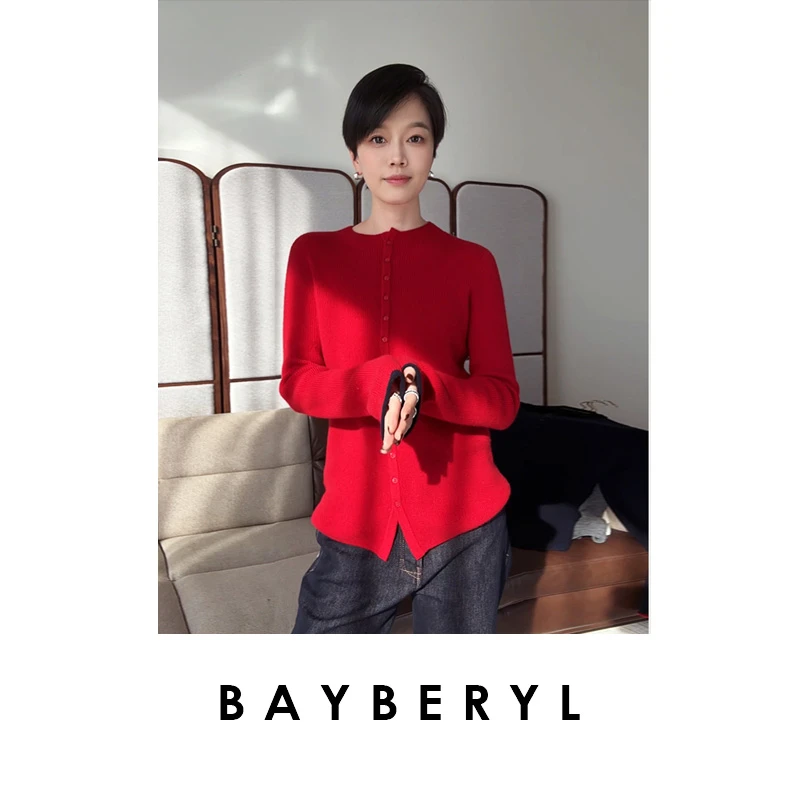 BAYBERYL老贝活力针织*圆领单排扣修身针织衫9ZZS5K1743-11/19
