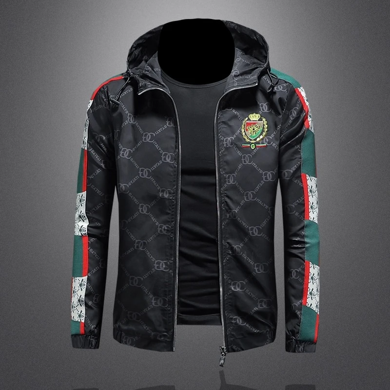 印花拼接夹克男士2025年春季新款大码连帽外套修身潮流欧洲站轻奢