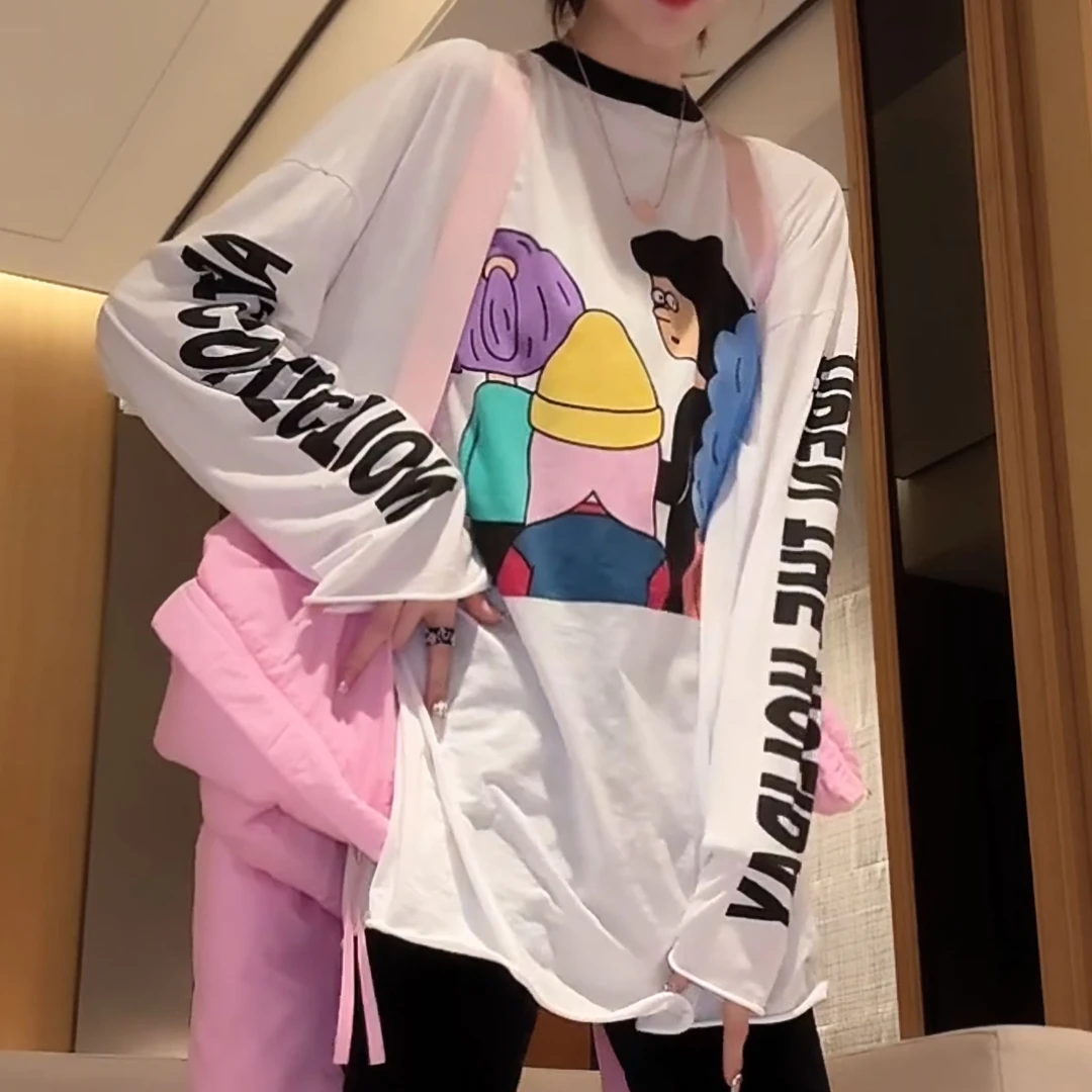 2025春季韩版卡通印花宽松圆领廓形长袖休闲趣味慵懒T恤LK2501200