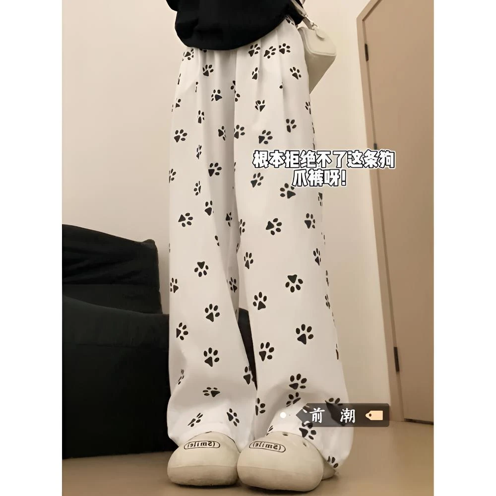 小狗爪印花卡通休闲裤夏季2025新款慵懒辣妹高腰宽松休闲阔腿长裤