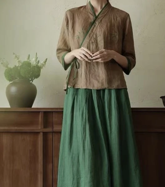青墨夏款高端苎麻复古小衫