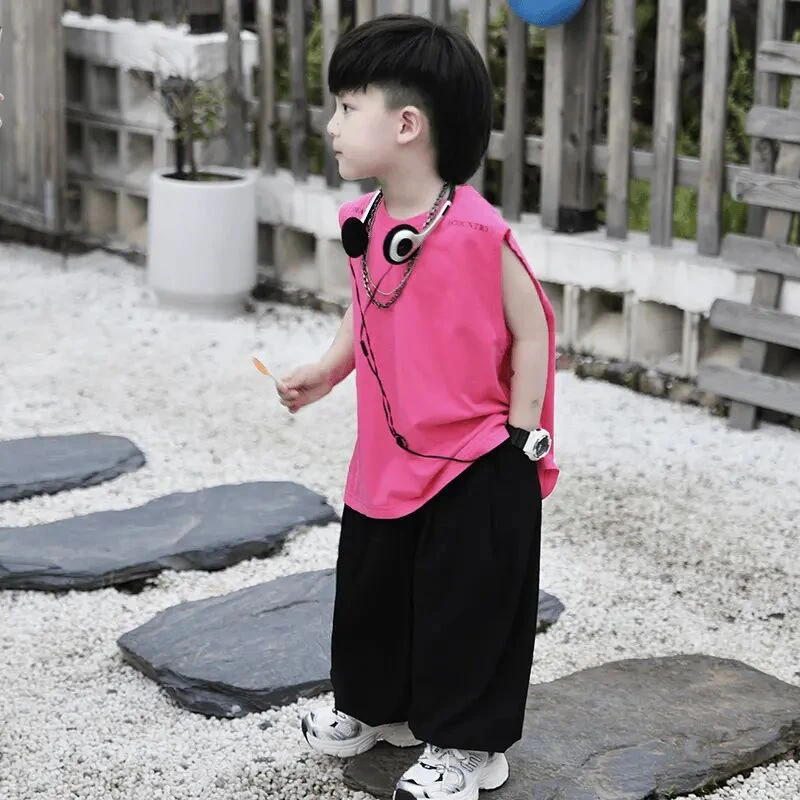 儿童套装2025夏季新款男女童百搭马卡龙色背心无袖儿童防蚊裤套装