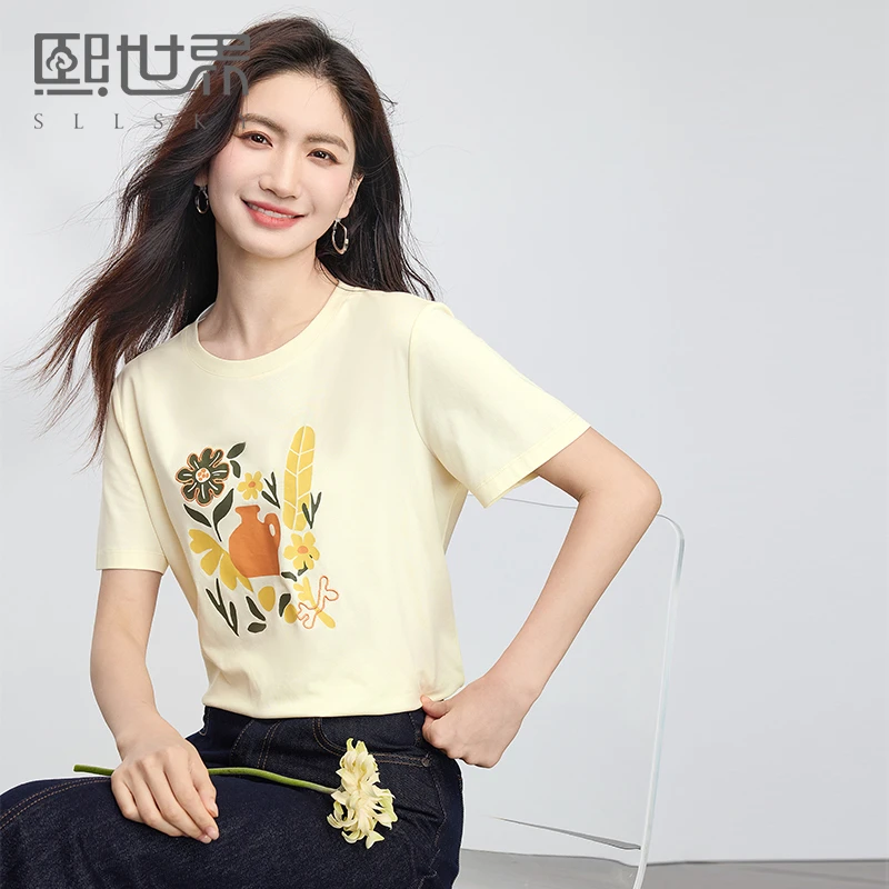 熙世界创意植物印花T恤女短袖2025夏新款休闲圆领设计感正肩上衣