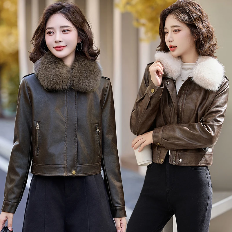 加绒皮衣外套女秋冬季新款修身显瘦短款加厚小个子毛领真皮夹克潮
