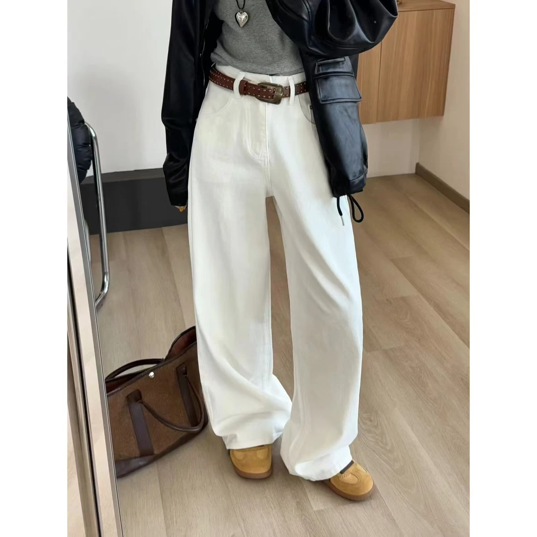 SP【女团白牛】 白色牛仔裤高腰宽松显瘦休闲阔腿裤长裤子配皮带