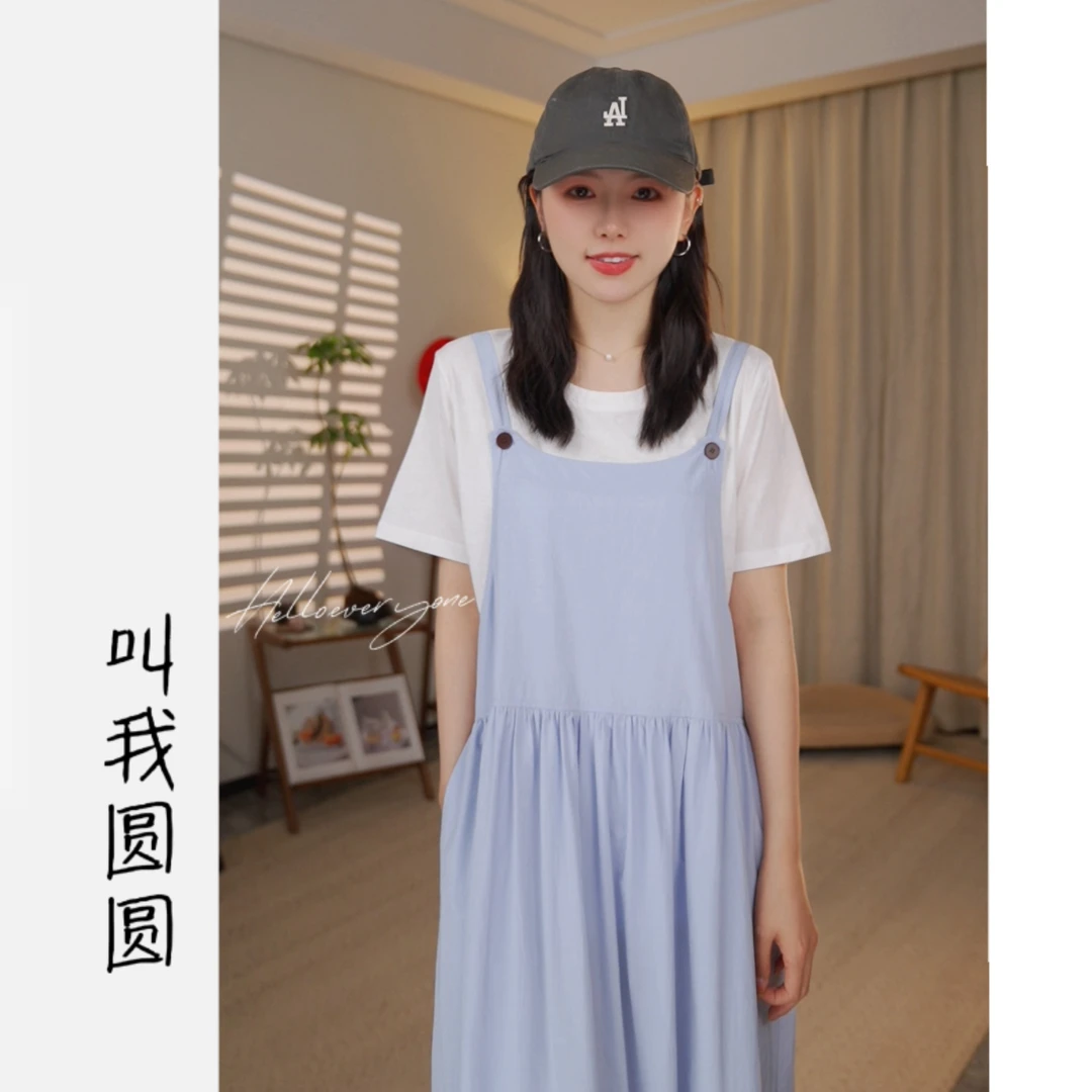 圆圆 【宫崎骏的夏天-套装】短袖+宽松时尚背带连衣裙套装 YY 4966