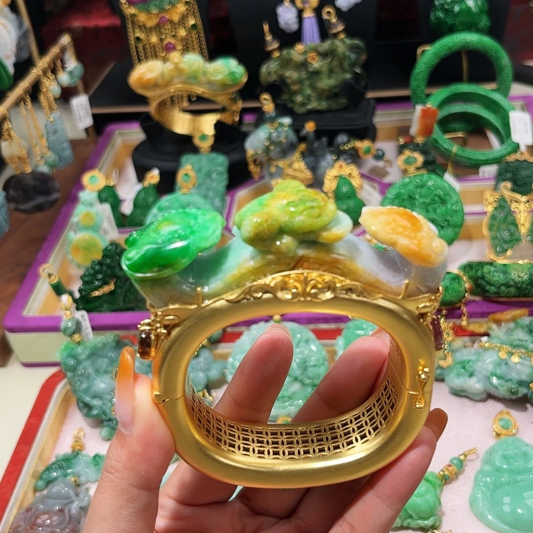 【闪购商品】翡翠手镯银S925镀金镶嵌翡翠