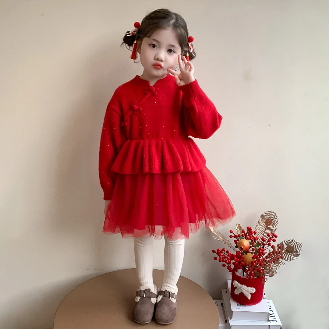 女童红色针织连衣裙春季2025秋冬毛衣网纱裙子周岁宝宝礼服公主裙