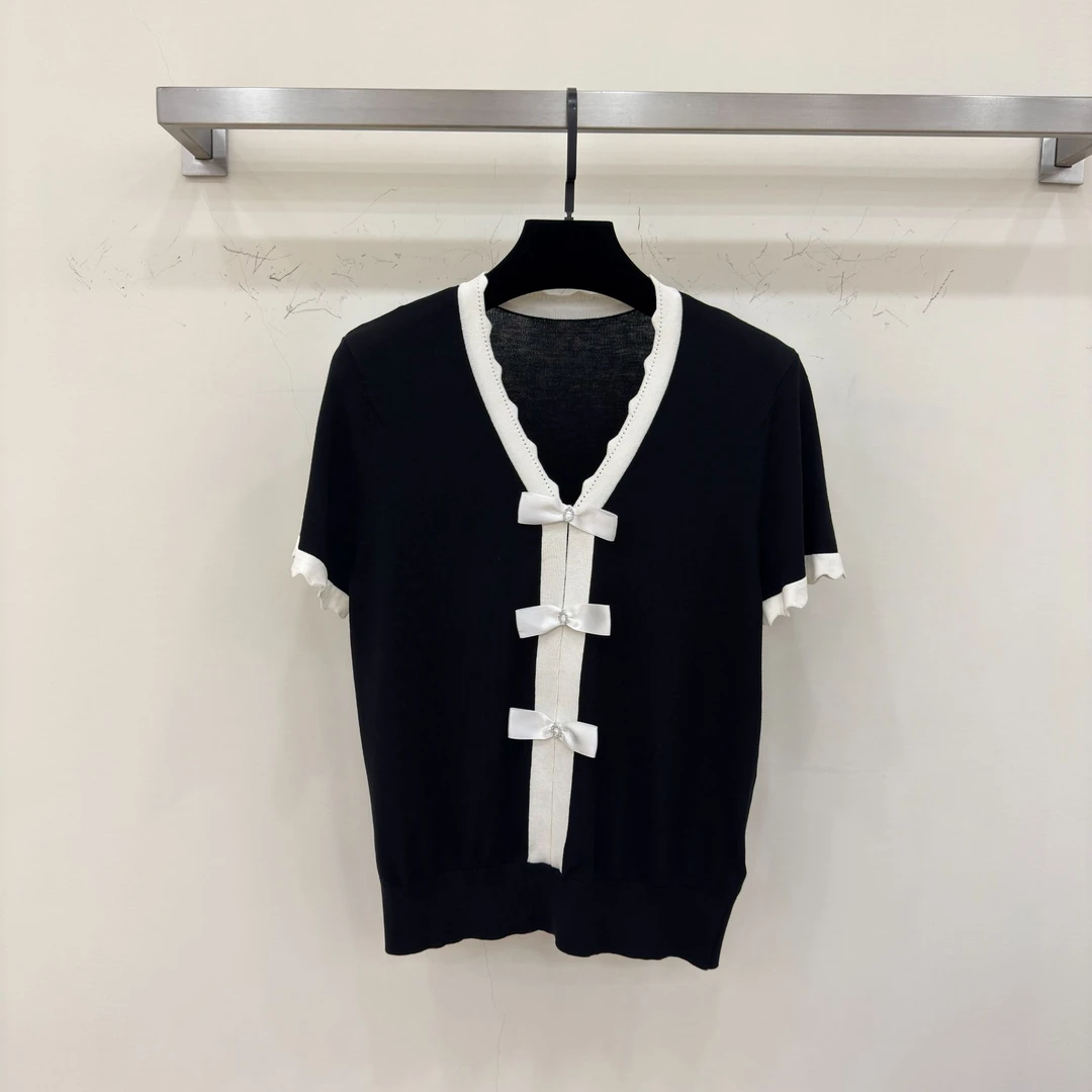 【西西高定】夏日甜美时尚百搭撞色V领蝴蝶结短袖上衣