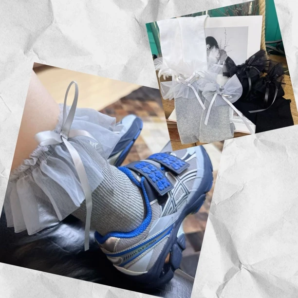 日系新品网纱花边蝴蝶结少女清新洛丽塔软妹学生棉中筒堆堆袜女