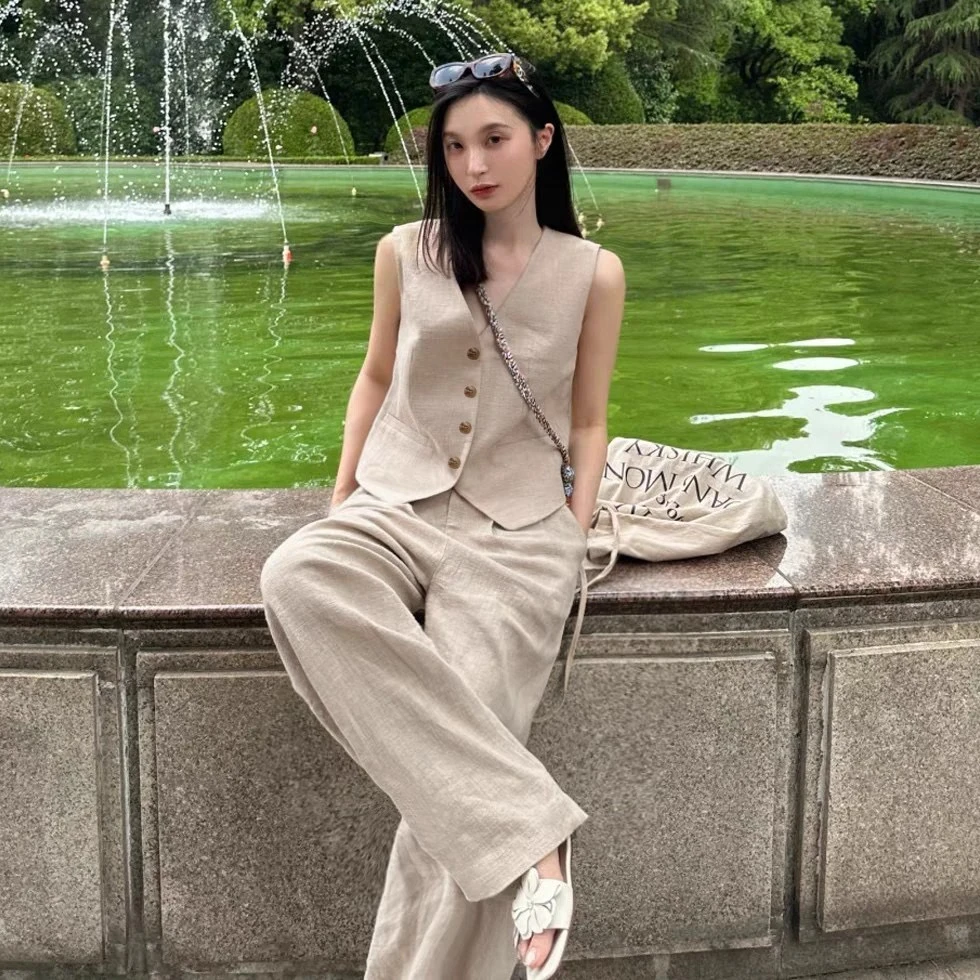 9V领亚麻马甲背心女显瘦麻本色轻奢9048