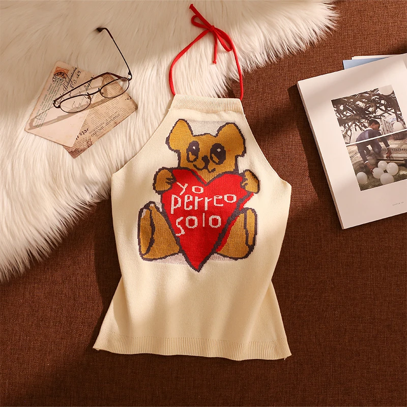 甜辣美式小熊提花针织挂脖吊带背心女2025新款性感修身打底上衣