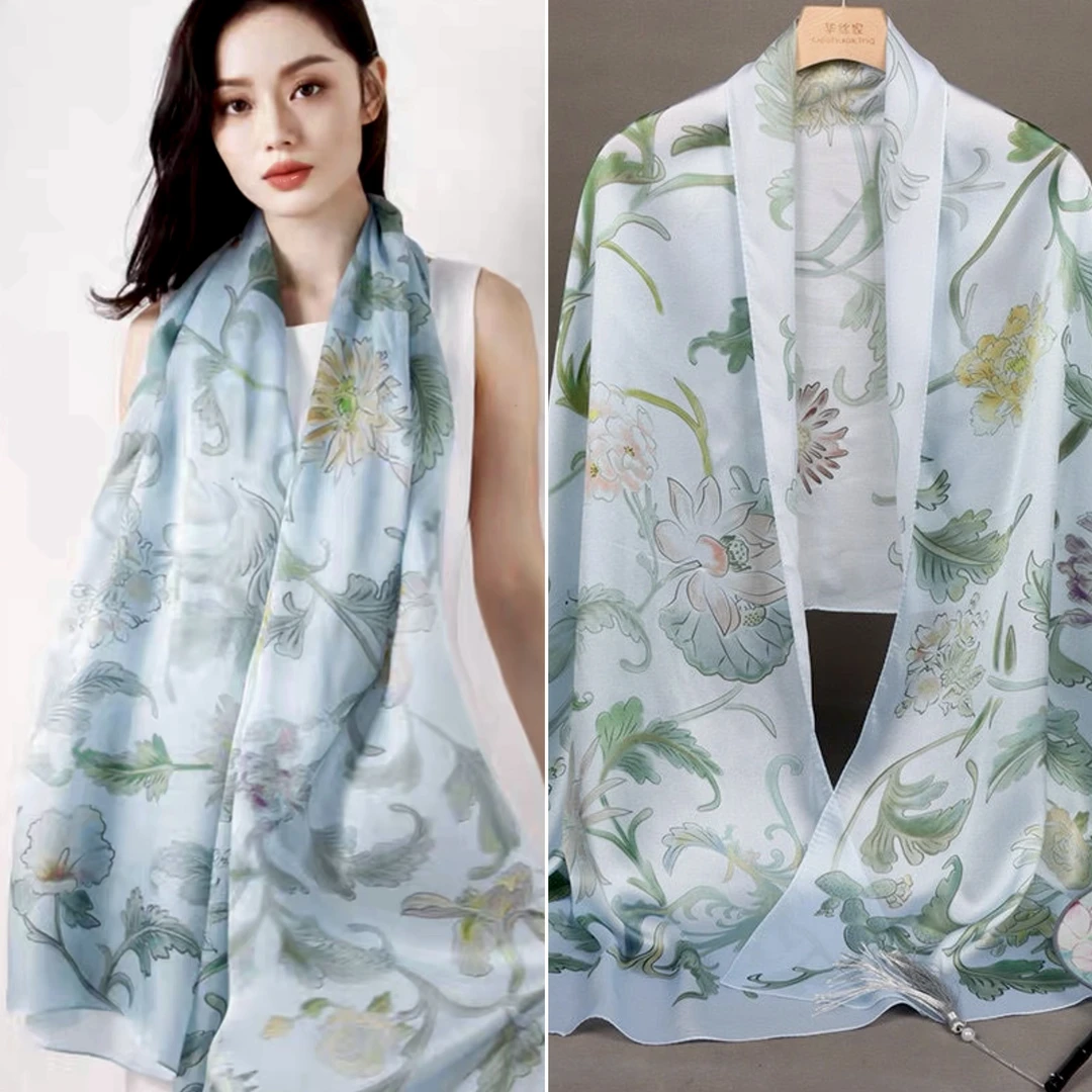 【新品】盛世繁花真丝丝巾女士 特价高档围巾 100%桑蚕丝缎面长巾