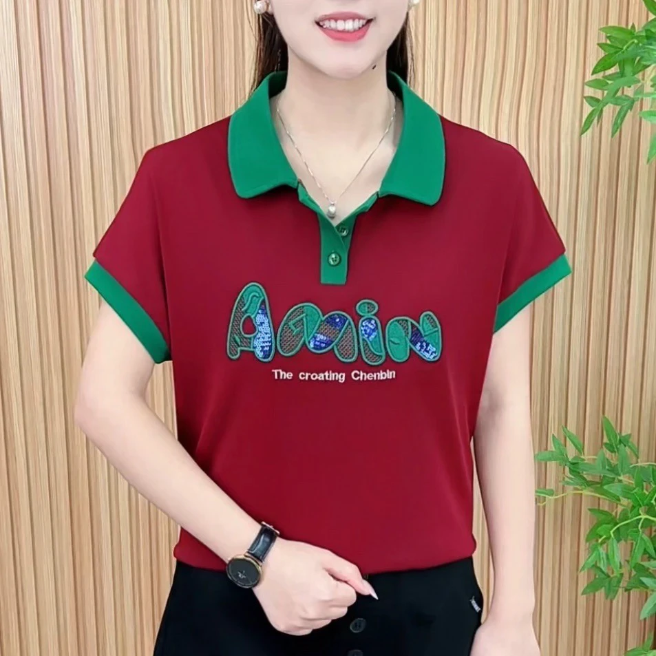 夏季新款撞色中老年衬衫洋气小衫妈妈百搭遮肉小翻领印花上衣