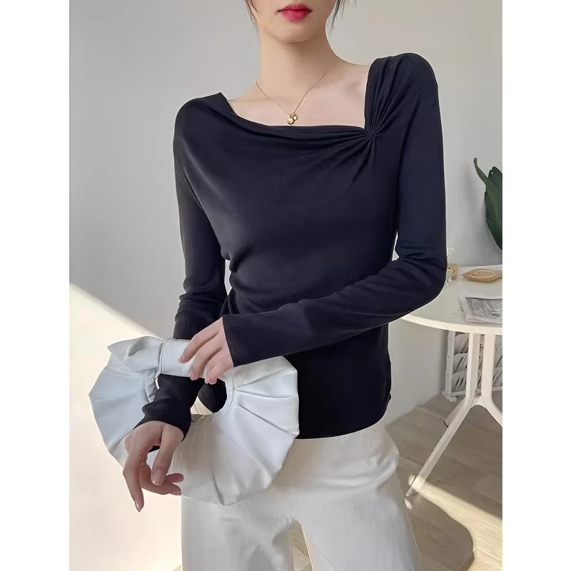 黑色打底衫女2025新款春斜肩长袖T恤设计感针织毛衣内搭外穿上衣