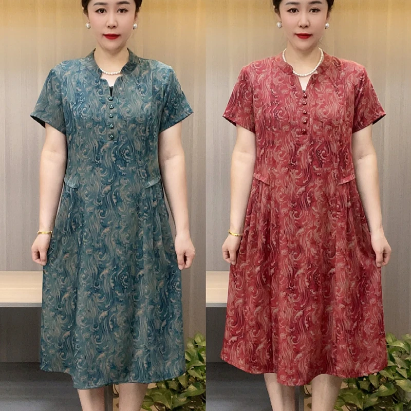 8826新款夏季中老年时尚宽松中长款连衣裙精品立领时尚妈妈装