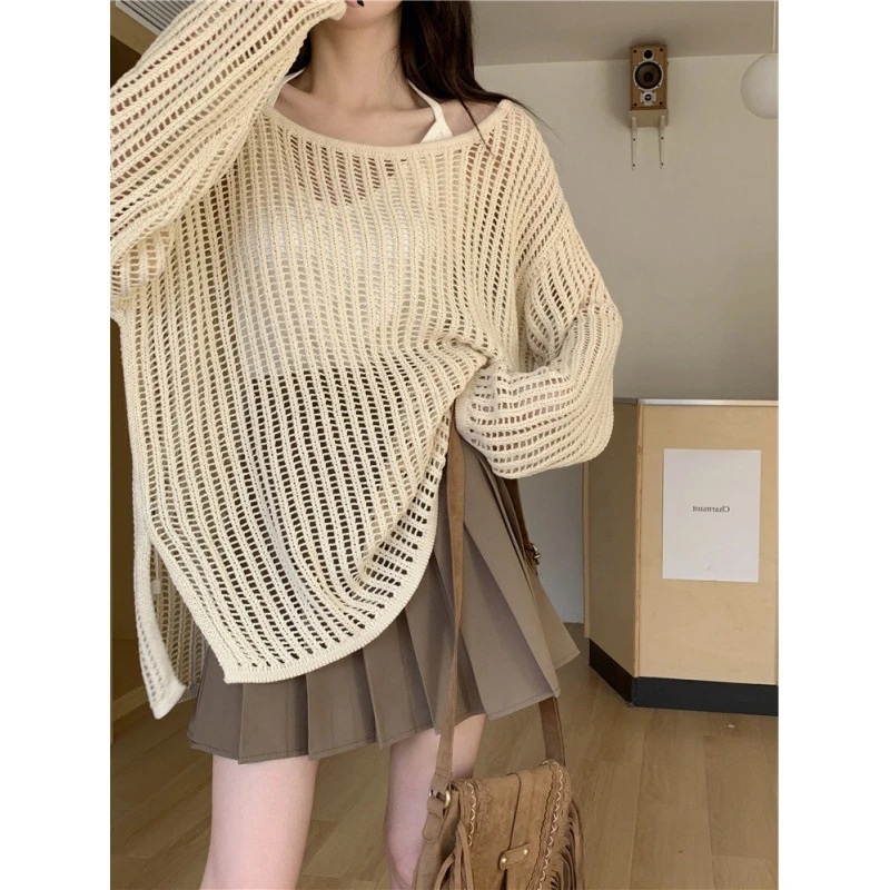 KANING慵懒风镂空针织衫2025早春新款宽松休闲罩衫防晒外搭上衣女