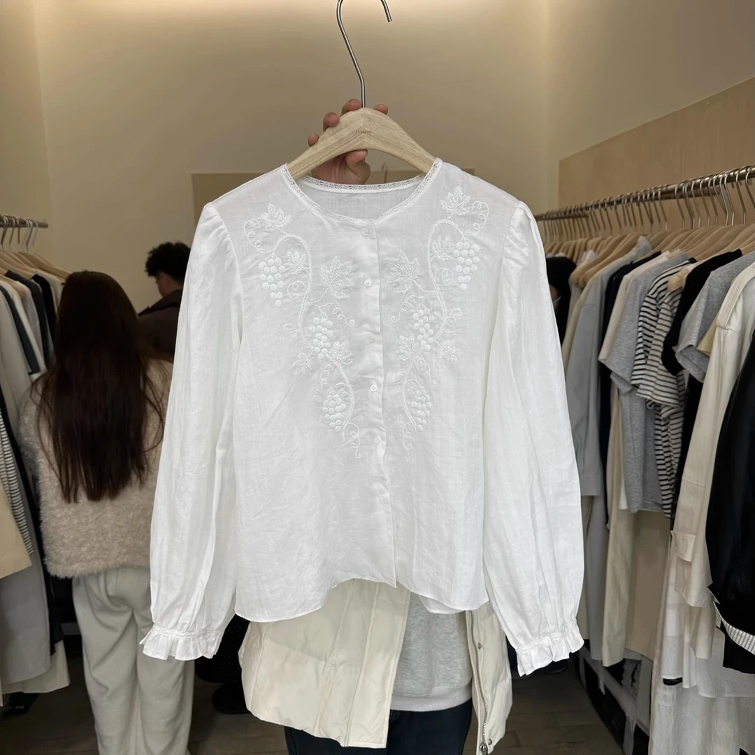 1108纯棉韩系设计感重工刺绣百搭衬衫女春季新款小众百搭长袖衬衣