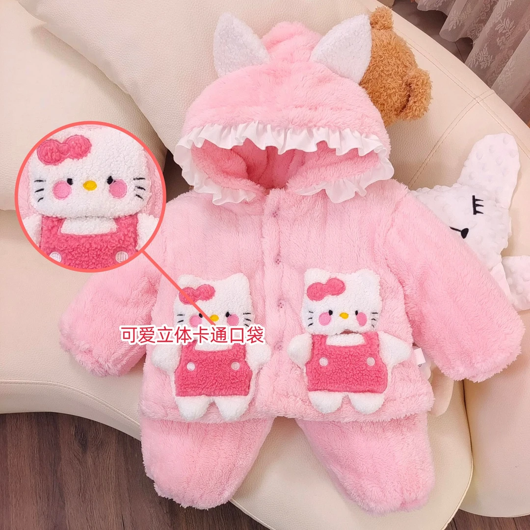 秋冬季新款儿童加绒加厚女童可爱立体卡通小猫咪连帽家居套装Q248