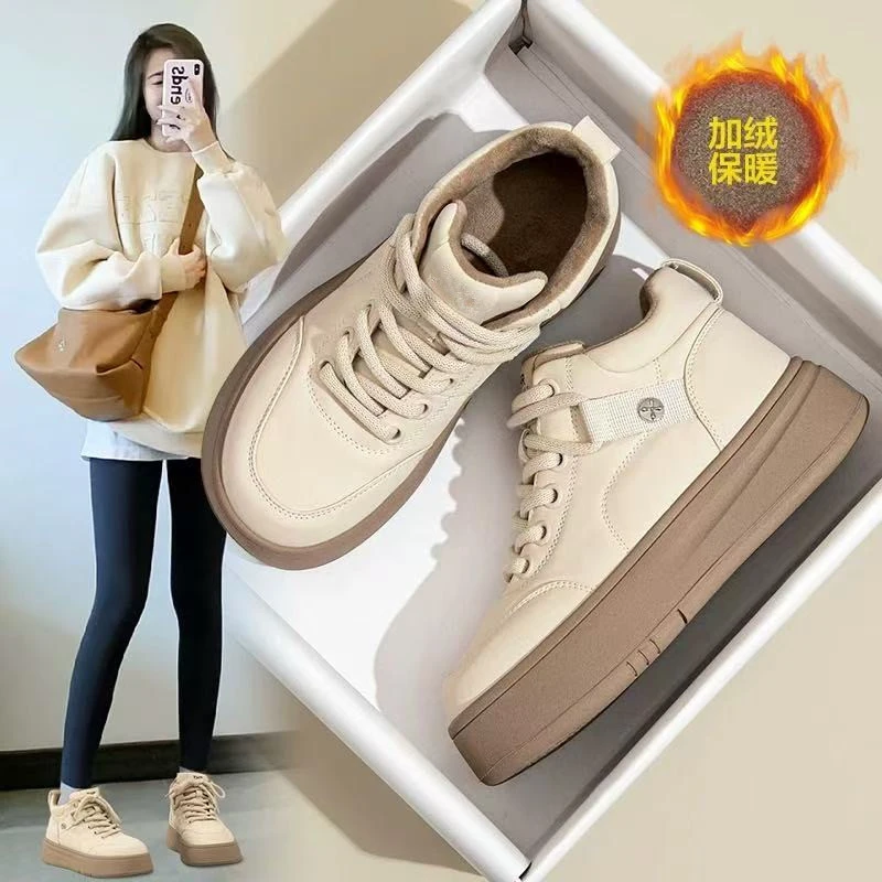 C-8断码女鞋英伦短靴高帮鞋素面加绒日式网红保暖修面皮中跟