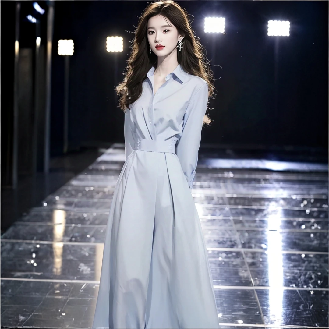 衬衫连衣裙女2025秋季新款韩系气质收腰显瘦翻领设计感中长款裙子