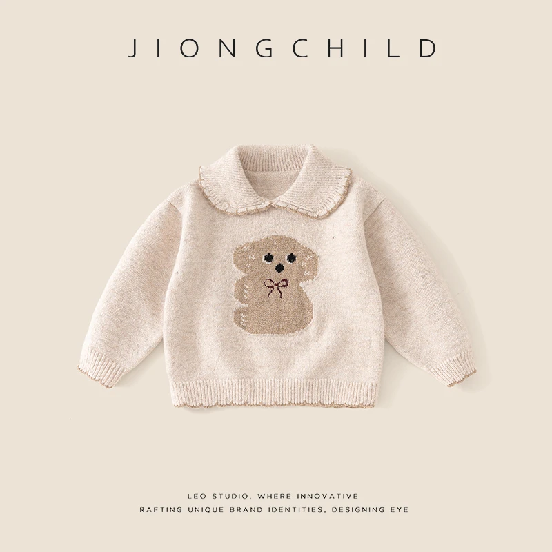 【专柜同款】冬季杏色厚款针织套头翻领小熊毛衣中小童女童DGA57960