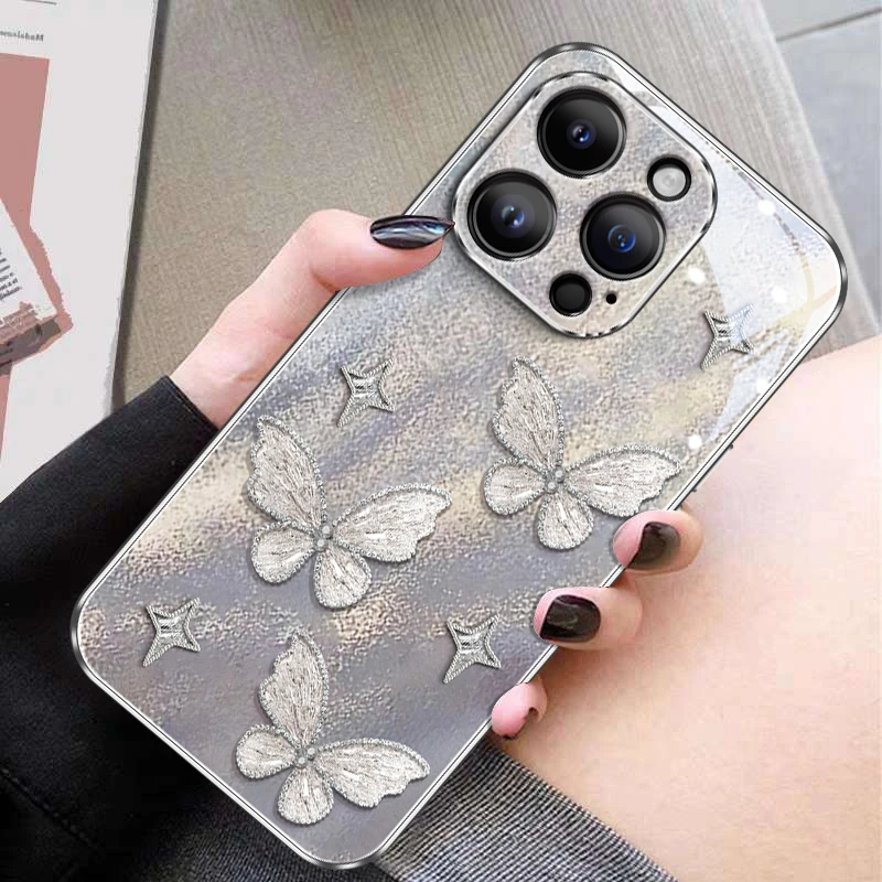 适用苹果16华为极光闪闪蝴蝶手机壳16pro max新款15pro小众网红女
