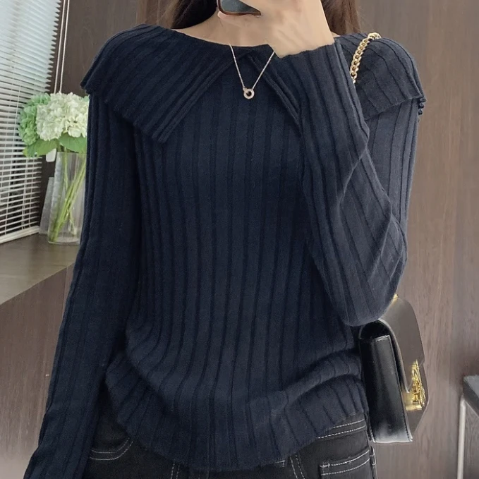 早秋法式翻领长袖针织衫女2025设计感新款时尚百搭气质显瘦上衣