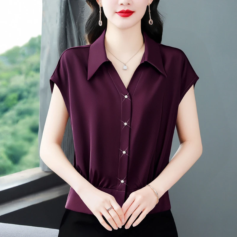 中年妈妈夏装翻领气质短袖衬衫女士夏天开衫短款衬衣职业减龄上衣