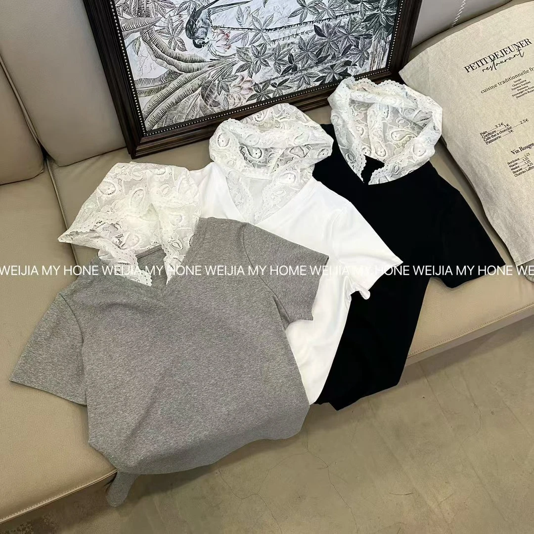 【WJ】春款 8890 三色蕾丝帽清新短袖上衣（2-6）