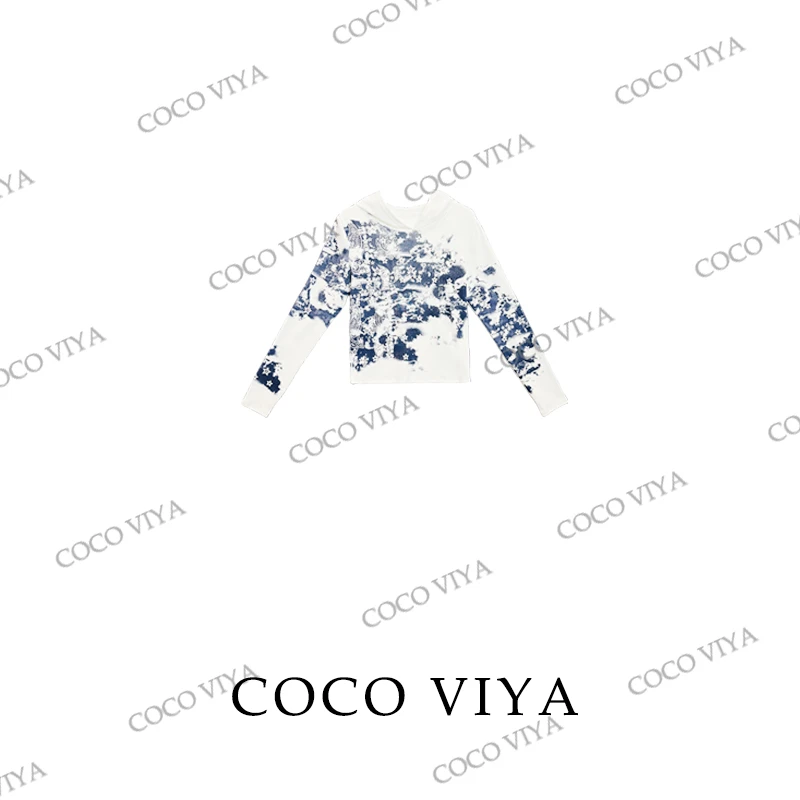 【CC】COCOVIYA青花晕染国风连帽长袖T恤遮肉显瘦休闲上衣26C-283