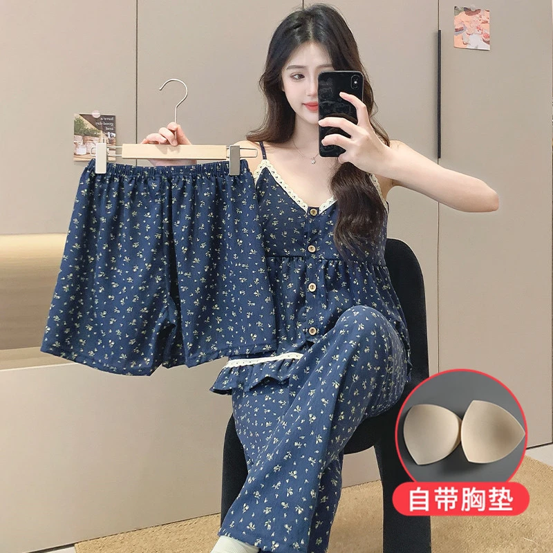 夏季小碎花带胸垫吊带女睡衣可外穿休闲家居服套装