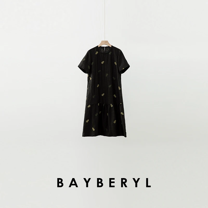 BAYBERYL老贝淮竹*龟裂香云圆领褶皱短袖夏连衣裙9DR5E2821-5/29