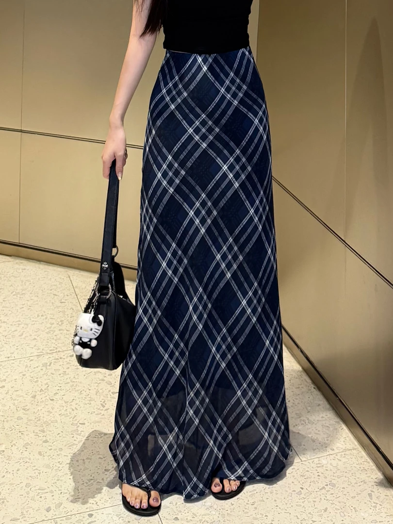 高腰长裙半身裙复古遮胯格纹裙休闲格纹显瘦