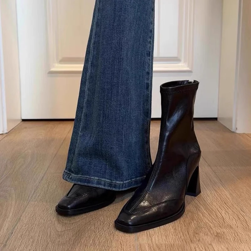 法式女短靴2025秋冬季新款粗高跟显瘦弹力靴时尚小方头高级感短靴