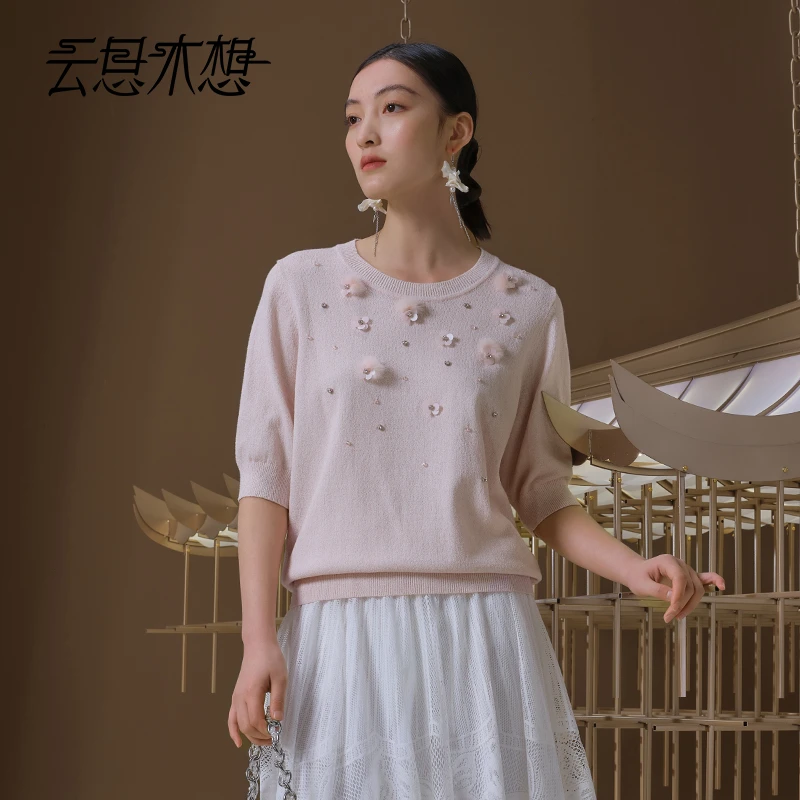 Ysimo-X云思木想 花落倾城 手钉立体花轻薄舒适圆领毛针织衫12769