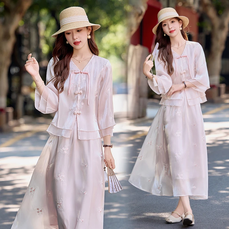 新中式国风刺绣套装女2025夏季新款复古盘扣名媛气质半身裙两件套