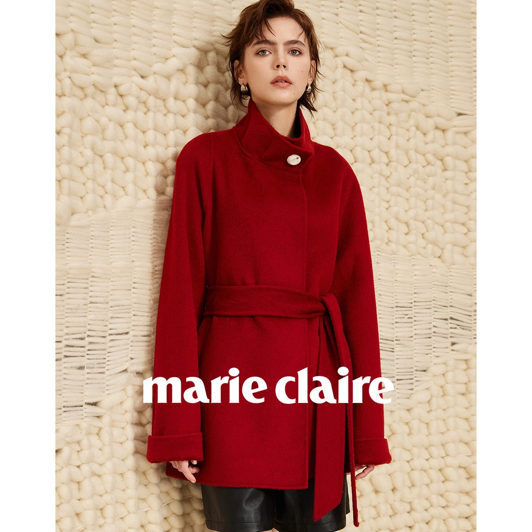 【绵羊毛】高领含腰带女式羊毛大衣秋冬新款保暖毛呢外套