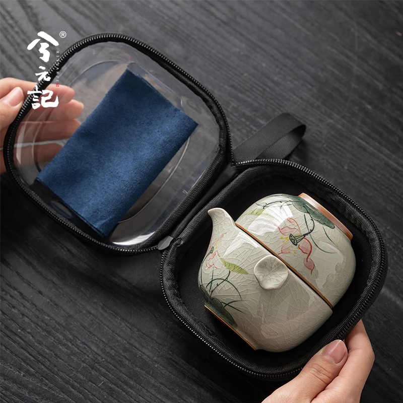 哥窑手绘戏荷旅行茶具套装便携式户外露营一人随身快客杯一壶二杯