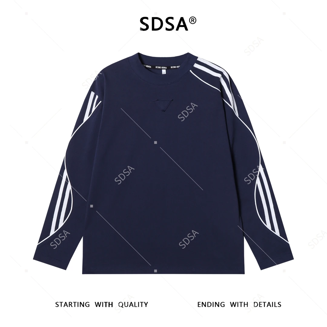 SDSA男士秋冬新款轻奢痞帅男装撞色条纹织带圆领长袖T恤高街显瘦