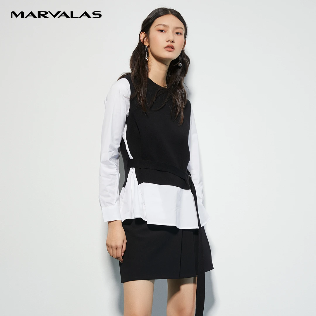 【九月专属】曼德诗针织衫女2022春季假两件拼接扣带慵懒通勤套