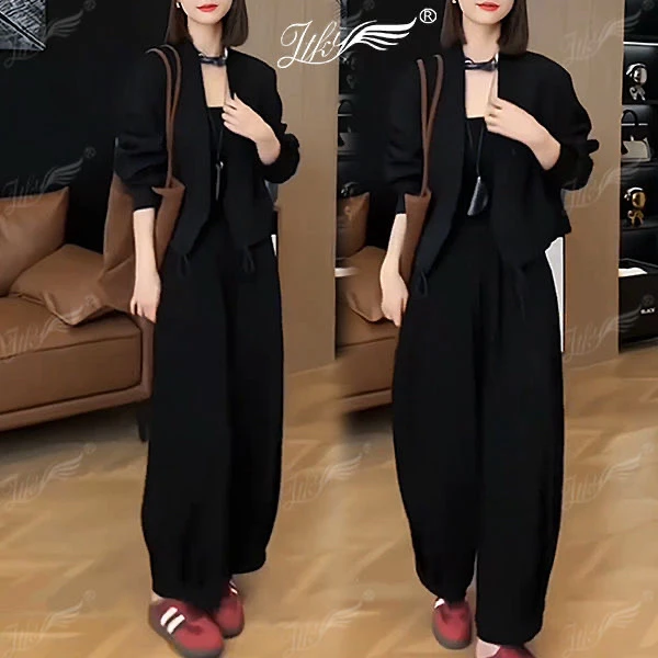 时尚洋气盐系穿搭女设计感抽绳短外套+哈伦裤束脚宽松百搭两件套