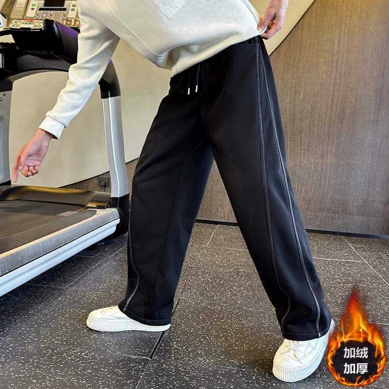 美式斜切裤子男款冬季加绒加厚直筒裤潮牌个性宽松休闲裤痞帅男裤