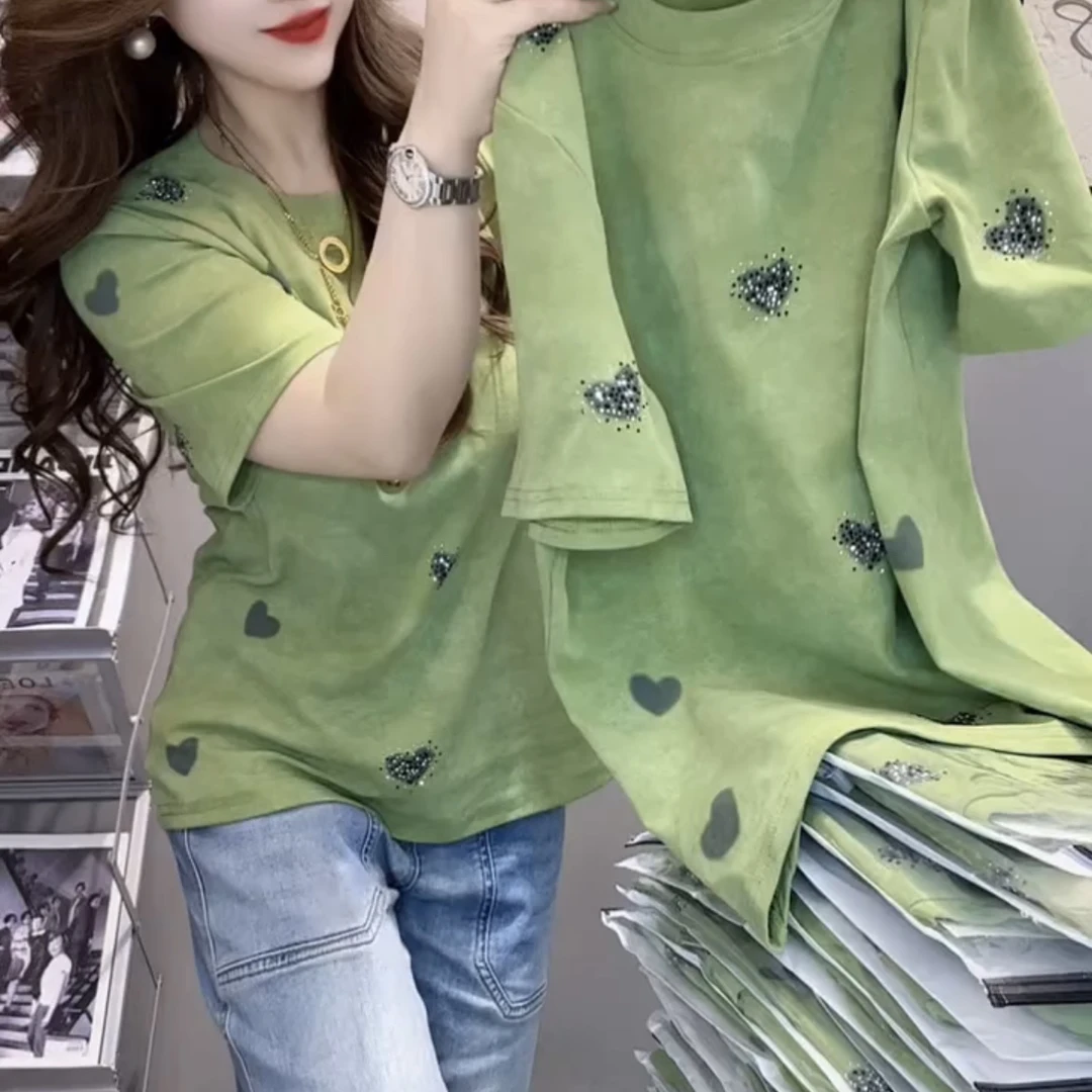 宽松百搭烫钻短袖极简风短款纯色圆领夏季T恤重工显瘦休闲