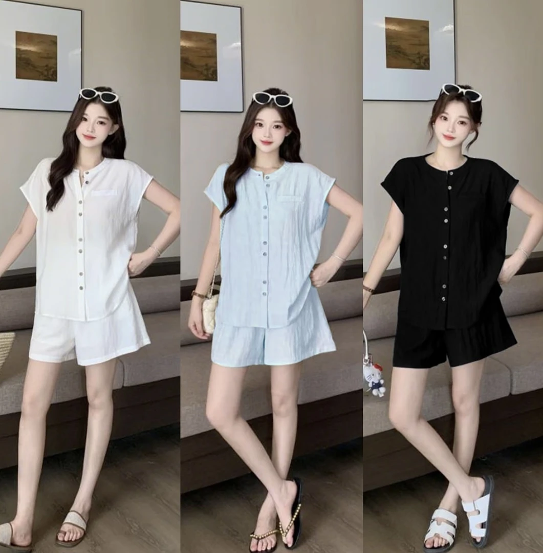 【莱赛尔天丝】衬衫+短裤两件套韩系大码无袖休闲套装套装两件套