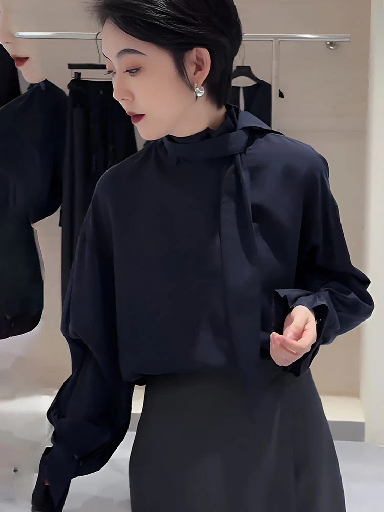 设计感花瓣立领飘带长袖衬衫女2025秋季新款宽松休闲显瘦气质上衣