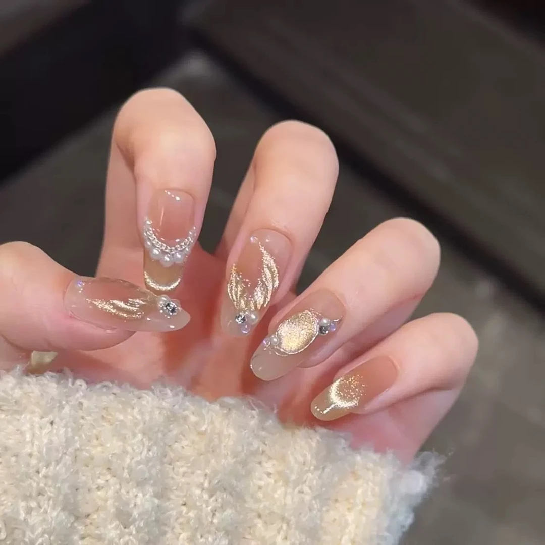 纯手工鎏金高级猫眼手工中长款美甲穿戴甲片高级感美甲饰品高端