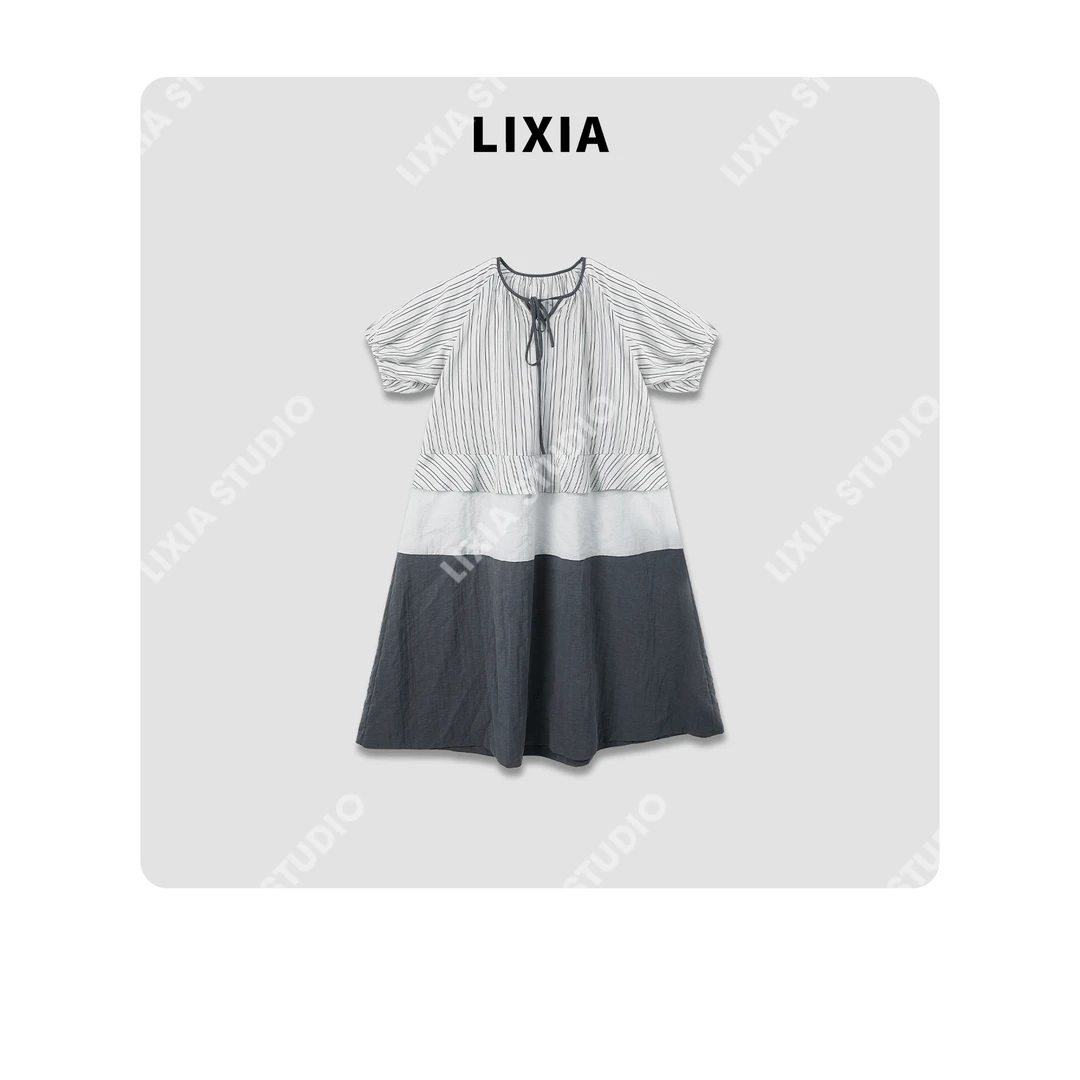 LIXIA【扶摇】夏季设计师款优雅气质拼接撞色条纹连衣裙-D8161