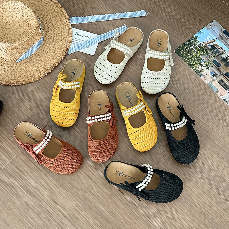 夏季仙女风新款内增高包头拖休闲平底防滑百搭包头春夏串珠半拖