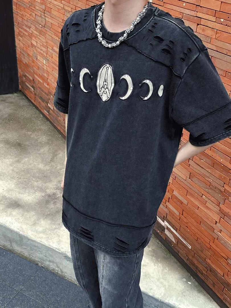 【BBC】美式洗水拼接刺绣小众设计T恤破洞设计感男女夏季短袖上衣